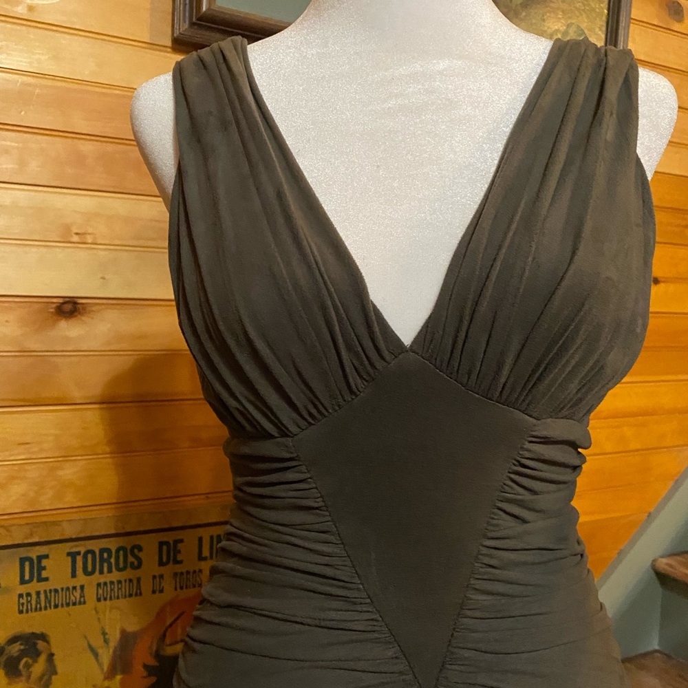 Vintage Bebe suede look and feel body con, ruched, plunge, soft bombshell dress - Picture 6 of 7